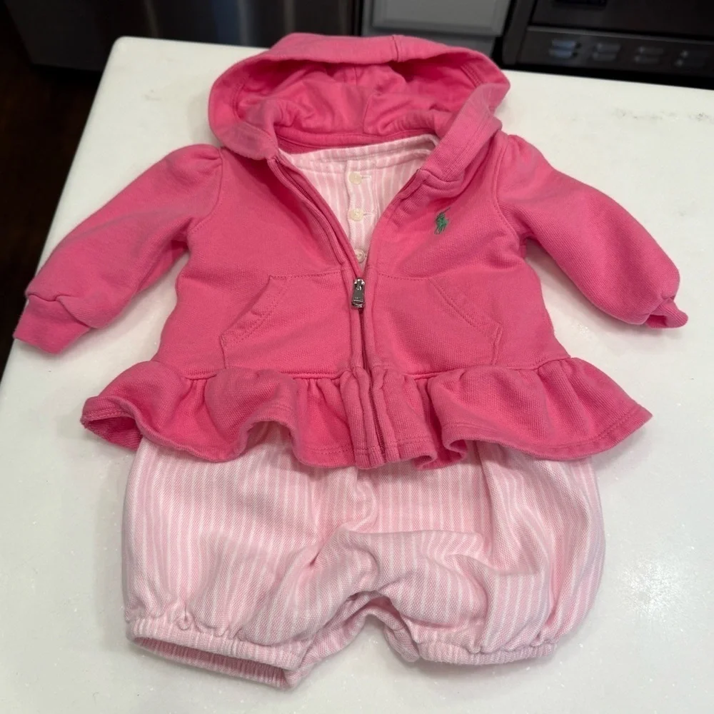 Ralph Lauren Baby Girt 2 PCS Set Pink & White Romper & Hoodie Sz 3M EUC